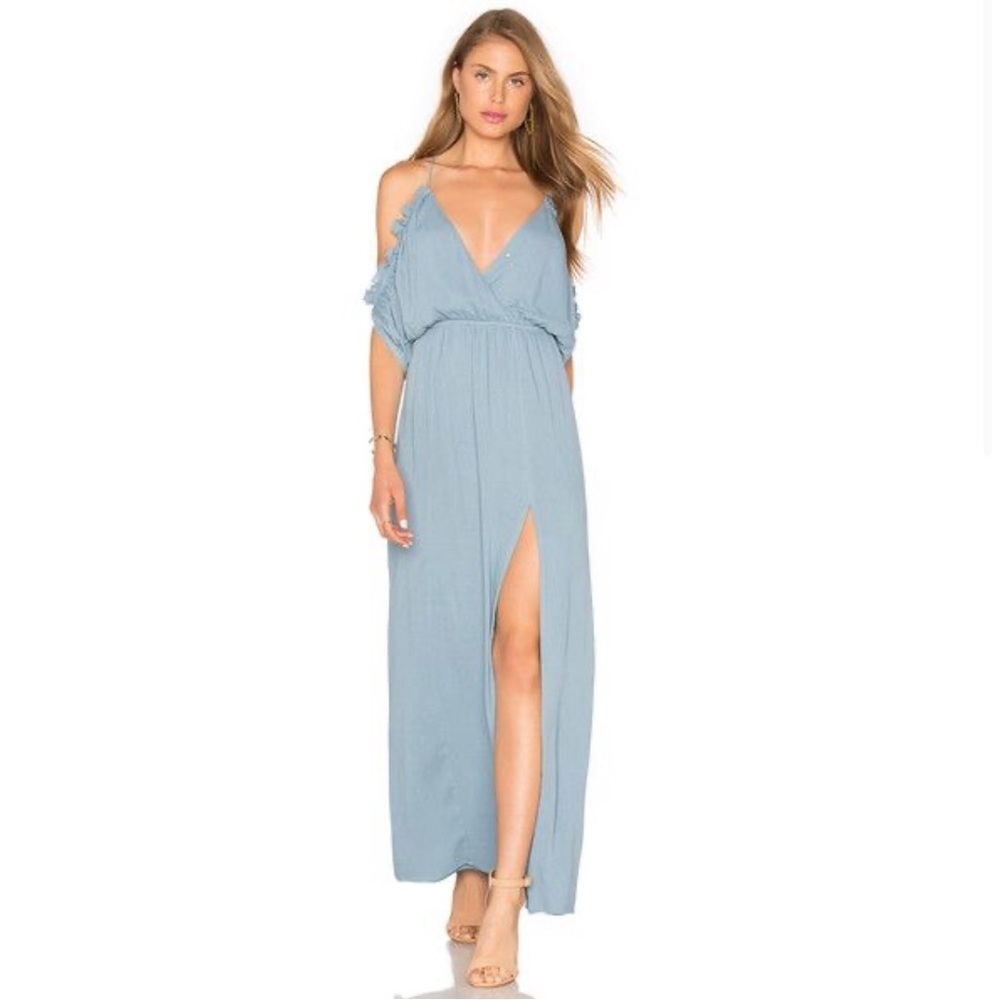 Lovers + Friends Maxi Dress Blue Cold Shoulder Wrap Slit Size L NWT